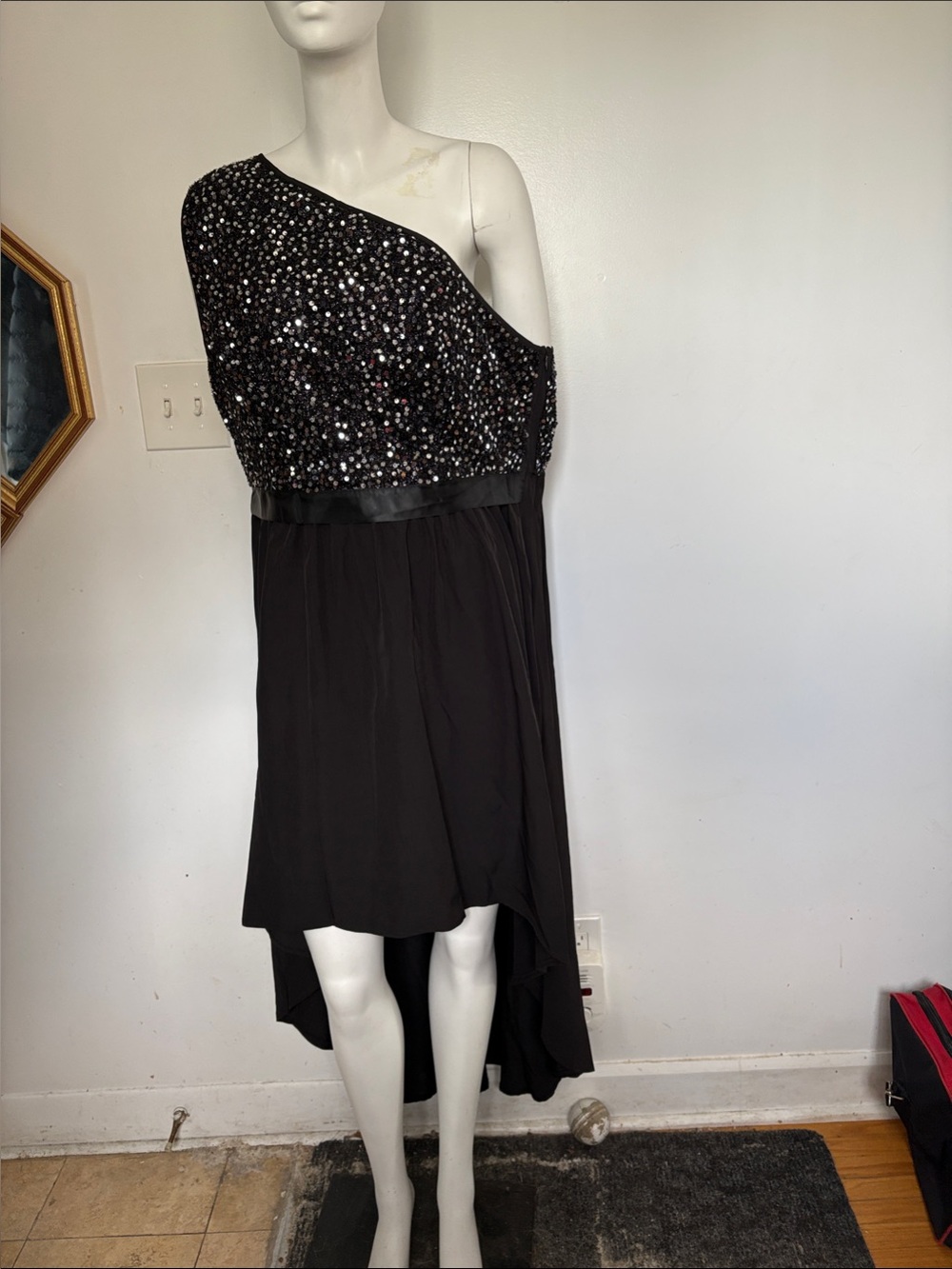 SHEIN Black One-Shoulder Sequin High-Low Dress